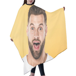 Personality  Portrait Of Shocked Handsome Man In White T-shirt Isolated On Yellow Hair Cutting Cape