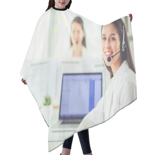 Personality  Smiling Businesswoman Or Helpline Operator With Headset And Computer At Office Hair Cutting Cape