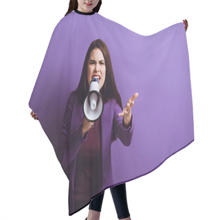 Personality  Irritated Young Woman Screaming In Megaphone While Showing Indignation Gesture On Purple Background Hair Cutting Cape