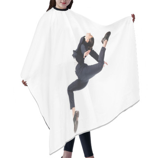 Personality  Graceful Businesswoman In Formal Wear Jumping In Dance Isolated On White Hair Cutting Cape