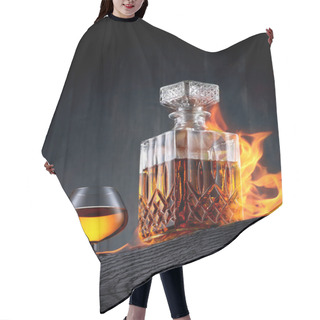 Personality  Burning Carafe And Glass Of Whiskey  On A Black Wooden Table Hair Cutting Cape