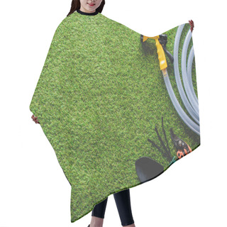 Personality  Top View Of Hosepipe, Hand Rake, Spade And Secateurs On Grass Hair Cutting Cape
