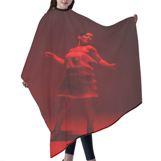 Personality  Smiling, Elegant Dancer Performing Tango On Dark Background With Red Illumination Hair Cutting Cape