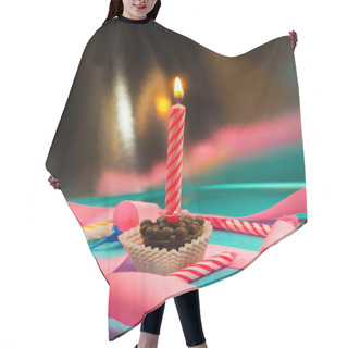 Personality  Candle On Birthday Burning In The Background Other Candles, Pink Ribbons, Festive Atmosphere Hair Cutting Cape