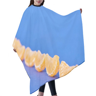 Personality  Selective Focus Of Peeled Tangerine Slices On Blue Background Hair Cutting Cape
