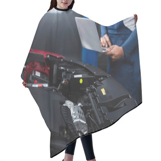 Personality  Partial View Of Blurred African American Mechanic With Laptop Near Car Engine Compartment  Hair Cutting Cape