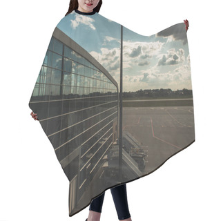 Personality  Glass Facade Of Airport With Aerodrome And Cloudy Sky At Background In Copenhagen, Denmark  Hair Cutting Cape
