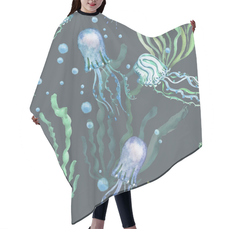 Personality  Jellyfish. Watercolor Seamless Pattern. Hair Cutting Cape