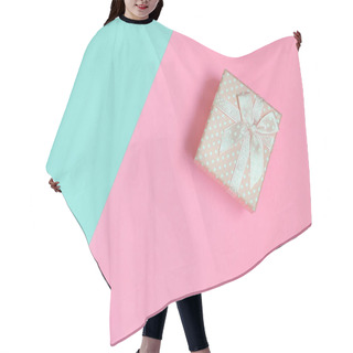 Personality  Small Pink Gift Box Lie On Texture Background Of Fashion Pastel Blue And Pink Colors Paper In Minimal Concept. Hair Cutting Cape