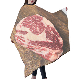 Personality  Top View Of Fresh Raw Steak On Wooden Cutting Board Hair Cutting Cape