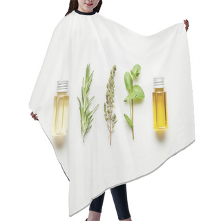 Personality  Top View Of Essential Oil, Rosemary, Thyme And Mint On White Background Hair Cutting Cape