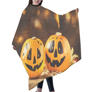 Personality  Halloween Festive Composition With Smiling Pumpkins Guards With Lights, Lantern, Straw And Fallen Leaves On Dark Wooden Background, Rustic Style, Selective Focus Hair Cutting Cape