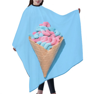 Personality  Top View Of Delicious Gummy Worms In Waffle Cone On Blue Hair Cutting Cape