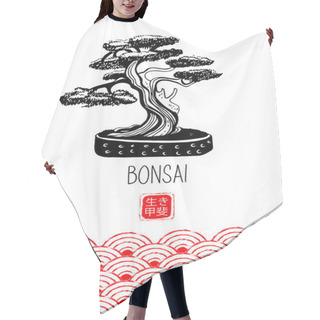 Personality  Bonsai Tree. Hand Drawn Black And White Vector Illustration. The Characters Are Translated As Ikigai, Meaning Of Life. Hair Cutting Cape