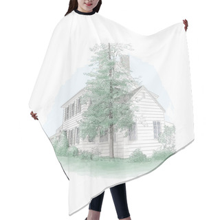 Personality  Vector Illustration With Style Mansion, Big Tree In Front Of It, Country Estate. Historic Building, Elegant Countryside Hair Cutting Cape