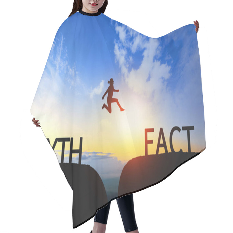 Personality  Woman jump through the gap between Myth to Fact on sunset. hair cutting cape