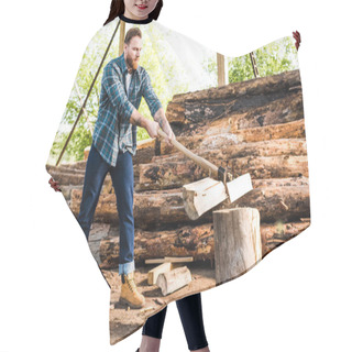 Personality  Lumberjack In Checkered Shirt Chopping Log At Sawmill  Hair Cutting Cape