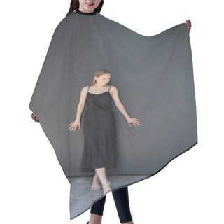 Personality  Full Length Of Young Barefoot Woman In Strap Dress Standing Near Black Wall Hair Cutting Cape
