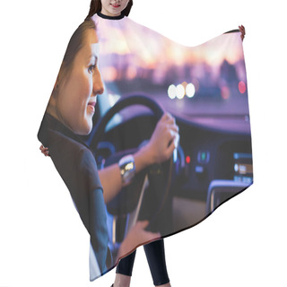 Personality  Woman Driving His Modern Car At Night In A City Hair Cutting Cape