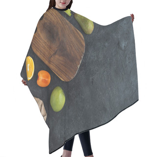 Personality  Flat Lay With Fresh Fruits, Butter And Empty Cutting Board On Dark Tabletop Hair Cutting Cape