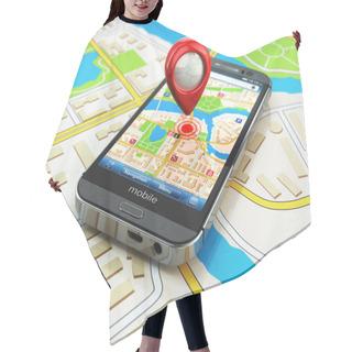 Personality  Mobile GPS Navigation Concept. Smartphone On Map Of The City, Hair Cutting Cape