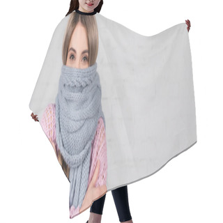 Personality  Young Woman In Sweater And Scarf Suffering From Cold On White Background, Banner  Hair Cutting Cape