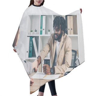 Personality  African American Recruiter Shaking Hands With Employee At Job Interview In Office Hair Cutting Cape