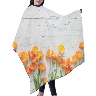 Personality  Pot Marigold Flowers On White Wooden Table Hair Cutting Cape