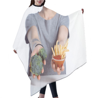 Personality  Cropped Shot Of Girl Holding Fresh Broccoli And Ketchup With French Fries Hair Cutting Cape