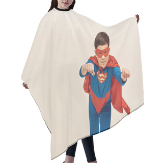 Personality  Courageous Asian Boy In Superhero Costume With Cloak And Mask Standing With Outstretched Hands And Clenched Fists While Celebrating International Day For Protection Of Children On Grey Background  Hair Cutting Cape
