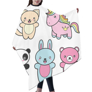 Personality  Set Collection Of Cute Kawaii Style Happy Smiling Animals. Hair Cutting Cape