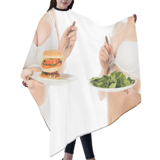 Personality  Cropped View Of Slim Woman Standing With Plate Of Green Spinach Leaves While Overweight Woman Holding Plate With Burger Isolated On White Hair Cutting Cape