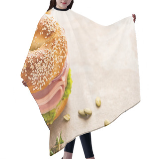 Personality  Fresh Delicious Bagel With Sausage On Textured Surface With Pumpkin Seeds Hair Cutting Cape