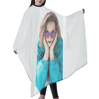Personality  Girl In Windcheater Jacket And Purple Sunglasses Hair Cutting Cape