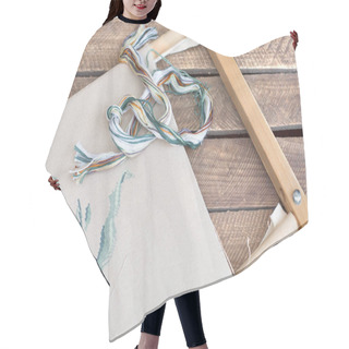 Personality  Embroidery Canvas On A Wooden Frame With Treads On A Wooden Background Hair Cutting Cape