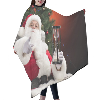 Personality  Santa Claus With Hourglass  Pointing At Camera  Hair Cutting Cape