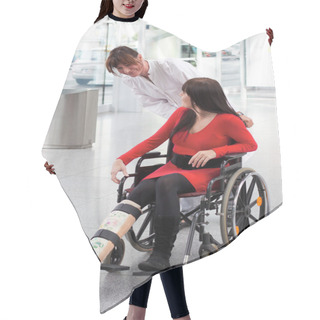 Personality  Woman With Leg In Plaster, Wheelchair And Carer Hair Cutting Cape
