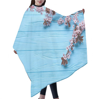 Personality  Beautiful Blossoming Branches On Color Wooden Background Hair Cutting Cape