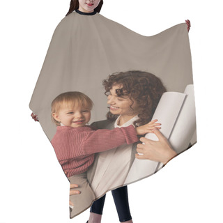 Personality  Building Successful Career, Multitasking Woman, Professional Achievements, Time Management, Cheerful Mother Holding In Arms Daughter And Rolled Paper Blueprints On Grey Background  Hair Cutting Cape