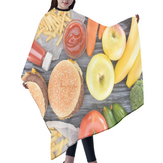 Personality  Top View Of Fresh Fruits With Vegetables And Junk Food On Wooden Table Hair Cutting Cape