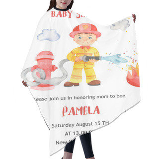 Personality  Cute Cartoon Fireman Boy. Watercolor Baby Shower Card Template Hair Cutting Cape