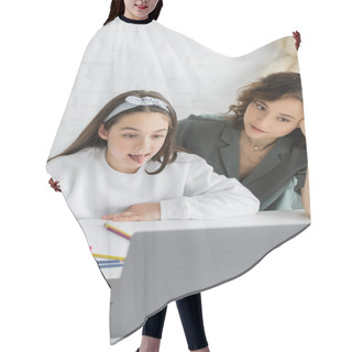 Personality  Child Sticking Out Tongue During Speech Therapy Online Lesson Near Parent At Home  Hair Cutting Cape