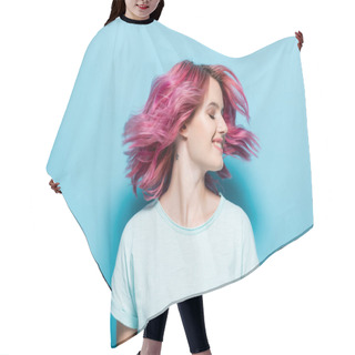 Personality  Young Woman Waving Pink Hair On Blue Background Hair Cutting Cape