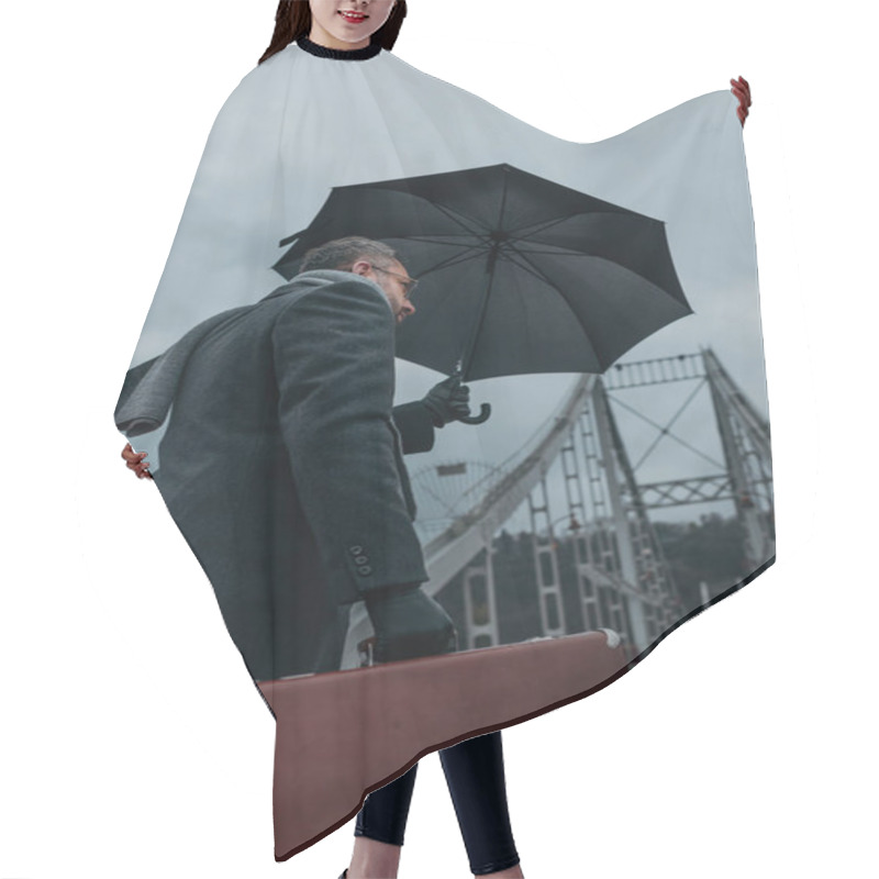 Personality  Bottom View Of Middle Aged Man With Umbrella And Luggage Walking By Pedestrian Bridge Hair Cutting Cape