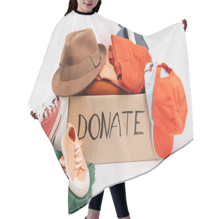 Personality  Cardboard Box With Donated Accessories, Clothes And Footwear Isolated On White, Charity Concept Hair Cutting Cape