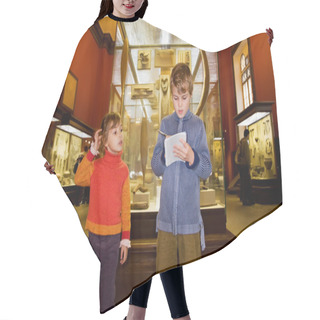 Personality  Boy And Little Girl At Excursion In Historical Museum Near Exhib Hair Cutting Cape
