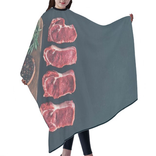 Personality  Top View Of Raw Steaks In Row With Spices On Wooden Board Hair Cutting Cape
