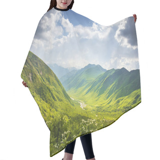 Personality  Mountains Ranges. Mountain Landscape In Svaneti, Georgia. Beautiful View On Grassy Hills And Highlands On Summer Sunny Day With Cloudy Sky. Scenery Mountains Nature. Hair Cutting Cape