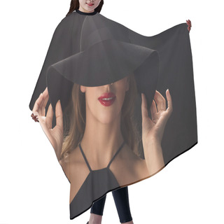 Personality  Beautiful Woman In Black Hat Over Dark Background Hair Cutting Cape