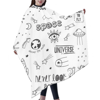 Personality  Vector Seamless Fashion Sketch Hand Drawn Pattern With Space Patches, Lettering Never Look Back, Oh Yeah, The Future Is Ours, Ready To Fly, Enjoy This, Discover The World, Sticker Pack, Notes, Pins Hair Cutting Cape